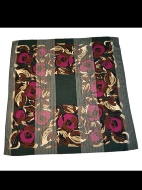 Vintage Floral & Striped Silk Feel Scarf Dark Green Maroon Brown 34" Square